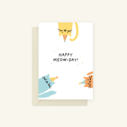 Eco greeting card with a happy meow-day message and cat illustrations. The card features a yellow cat with a bow tie, as well as other cat-themed decorations. The card is suitable for a birthday celebration.
