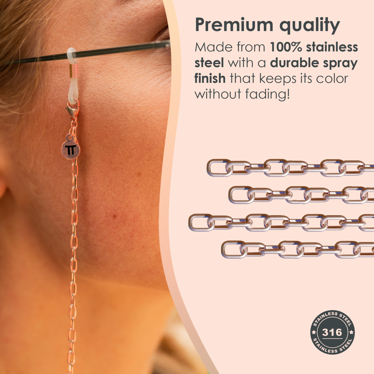 Glasses Cord Links Rose Gold — 100% Stainless Steel & Unisex Eyewear Cords for Women and Men — Glasses Chain with Extra Loops — Brillenkoord Brillenband Brillenkette Cordon de Lunettes Cordón Para Gafas