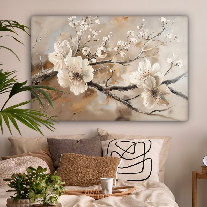 Canvas schilderij  - Wanddecoratie Bloemen - Natuur - Wit - Bloesem - Abstract - Muurdecoratie woonkamer - Slaapkamer decoratie - Kamer accessoires - Schilderijen op canvas