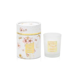 Pink floral blossom scented candle, cylindrical white jar, delicate flower and butterfly design, gold accents.