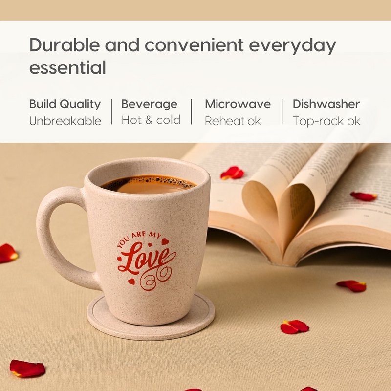 Ecofy Earth-Friendly Love You-krus til kaffe | Par gaver | Jubilæumsgave til par Special | Sæt med 1 | 300 ml | Kaffekrus | Lavet med risskaller| Sand Castle TUV Certificeret