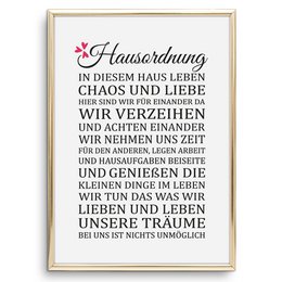 A decorative poster featuring the German text "Hausordnung" (House Rules), which outlines various household guidelines and principles for living with love, order, and care. The poster has a simple, minimalist design with a red floral accent.