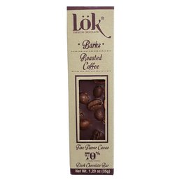 Dark chocolate bar 70% cacao with roasted coffee beans, premium artisan chocolate with visible coffee pieces