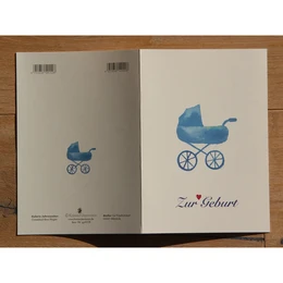 Aquarellkarte Geburt | Blauer Kinderwagen | Rotes Herz