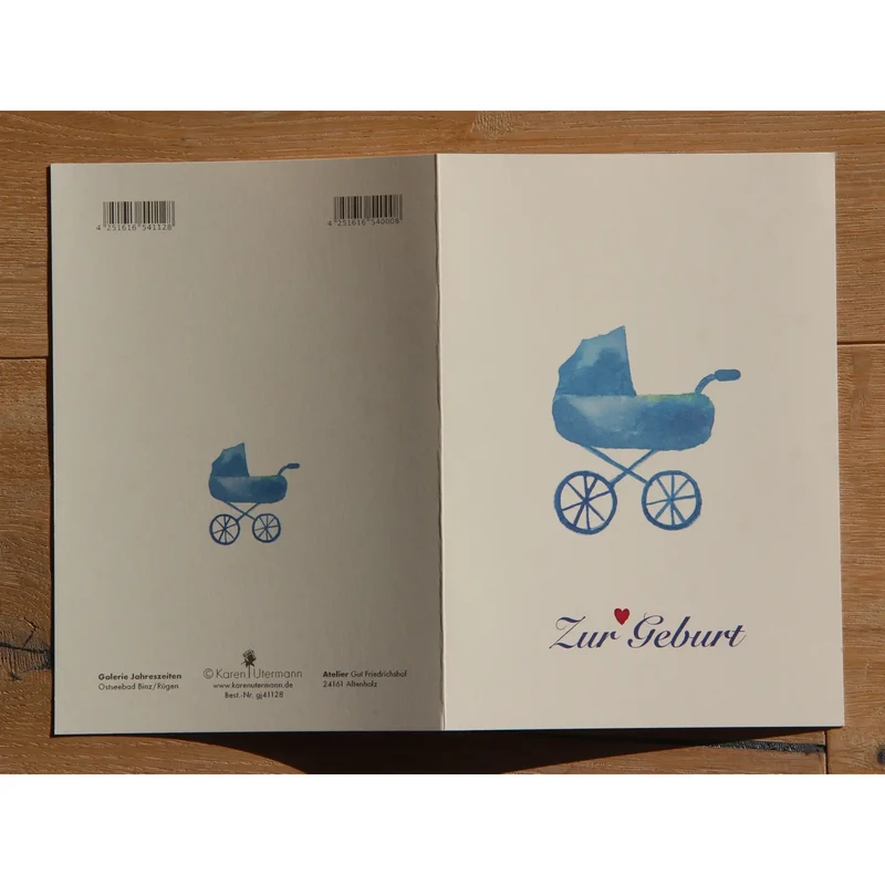 Aquarellkarte Geburt | Blauer Kinderwagen | Rotes Herz