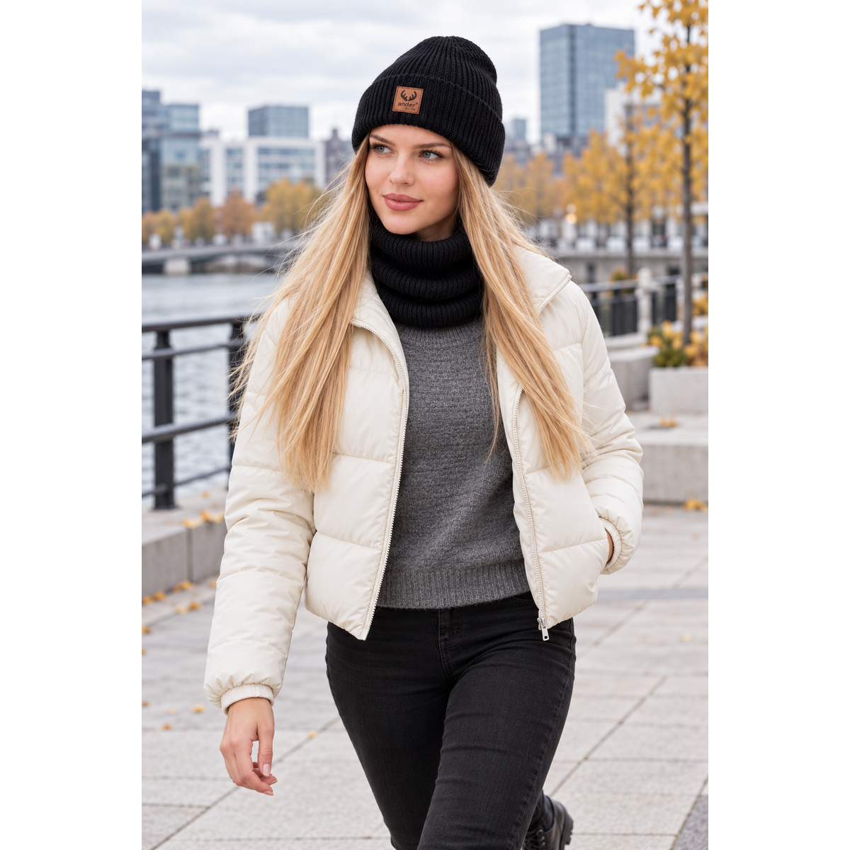 Ensemble bonnet et écharpe BRIGID - 100% laine mérinos - noir