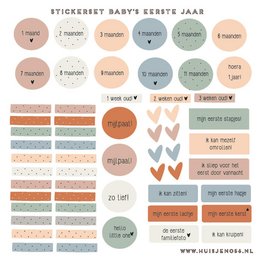 Stickers featuring a baby's first year milestones, including months, holidays, and other important events. Colorful design with various shapes and text.