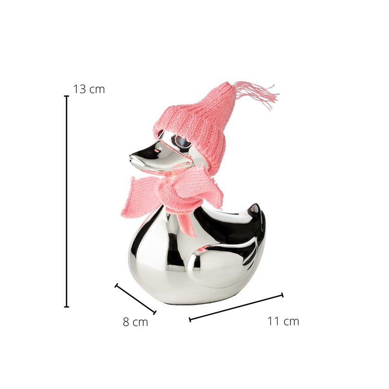 EDZARD money box duck, silver-plated, tarnish-resistant, height 13 cm, with scarf & hat in pink and light blue