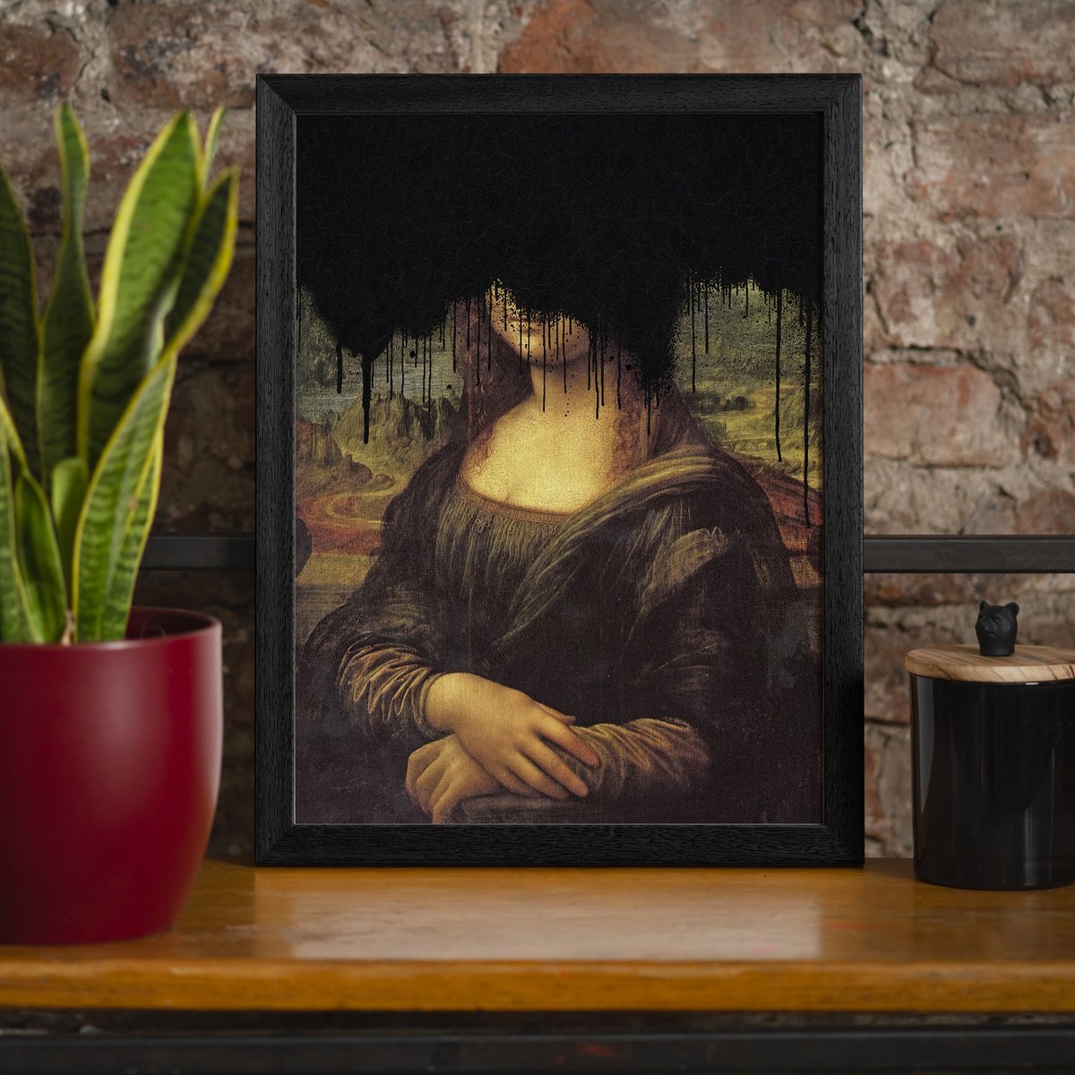 Estampado de grafiti negro Drippy Mona Lisa