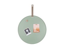 Round mint green memo board with metal frame and hanging hooks for notes and photos.