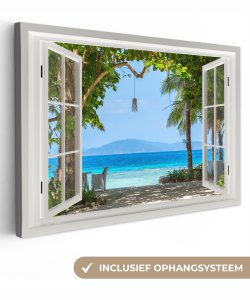 Leinwand Malerei - Wanddekoration - Blick - Boom - Meer - Palme - Hügel - Strand - Blau