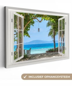 Leinwand Malerei - Wanddekoration - Blick - Boom - Meer - Palme - Hügel - Strand - Blau