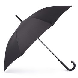  Black basic umbrella with curved handle. Durable and weather-resistant design.