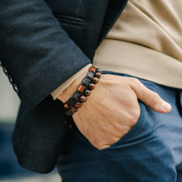 Roter Tigerauge für Männer, schwarzes Onyx Flat Perlenarmband