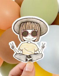 Girl with brown bow, pear illustration, cute minimalist sticker design for laptop decoration.
