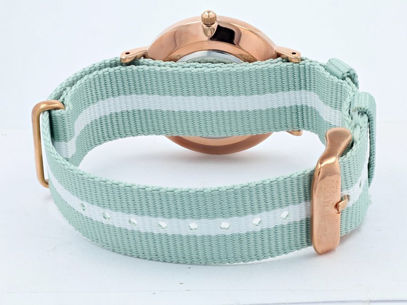 Moderno Milano stainless steel women's watch 36.5 mm, sapphire crystal & nylon NATO strap (light green-white), rose gold-colored