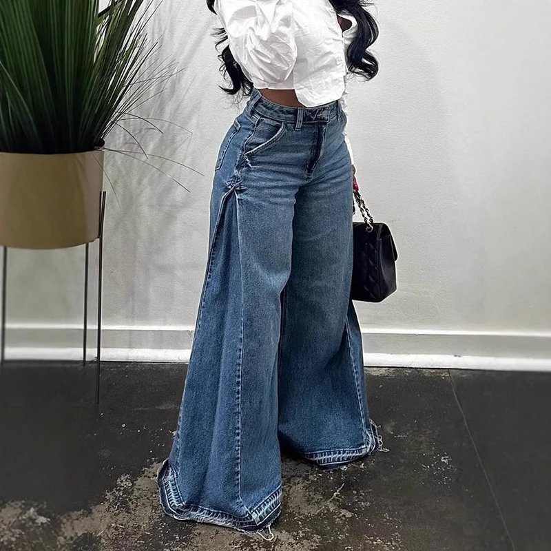 Jean ample à jambes larges, pantalon à cloche et à pompon