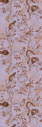This wallpaper features a repeating floral pattern in shades of purple and gold. The design includes stylized flowers and leaves in a flowing, organic layout. The overall aesthetic is elegant and sophisticated, suitable for a variety of interior design styles.