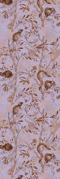 This wallpaper features a repeating floral pattern in shades of purple and gold. The design includes stylized flowers and leaves in a flowing, organic layout. The overall aesthetic is elegant and sophisticated, suitable for a variety of interior design styles.