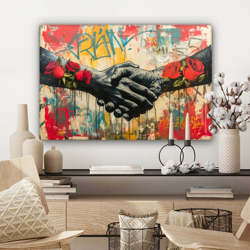 Canvas schilderij - Wanddecoratie Graffiti - Rozen - Handen - Street art - Muurdecoratie woonkamer - Slaapkamer decoratie - Kamer accessoires - Schilderijen op canvas