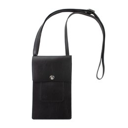 Black vegan leather cross-body bag with adjustable strap and front pocket.
