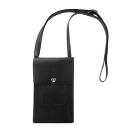 Black vegan leather cross-body bag with adjustable strap and front pocket.