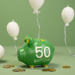 Piggy Bank Company piggy bank "50 Birthday" made of ceramic, green/gold (W/H/D) 12.5x9x9 cm small pig