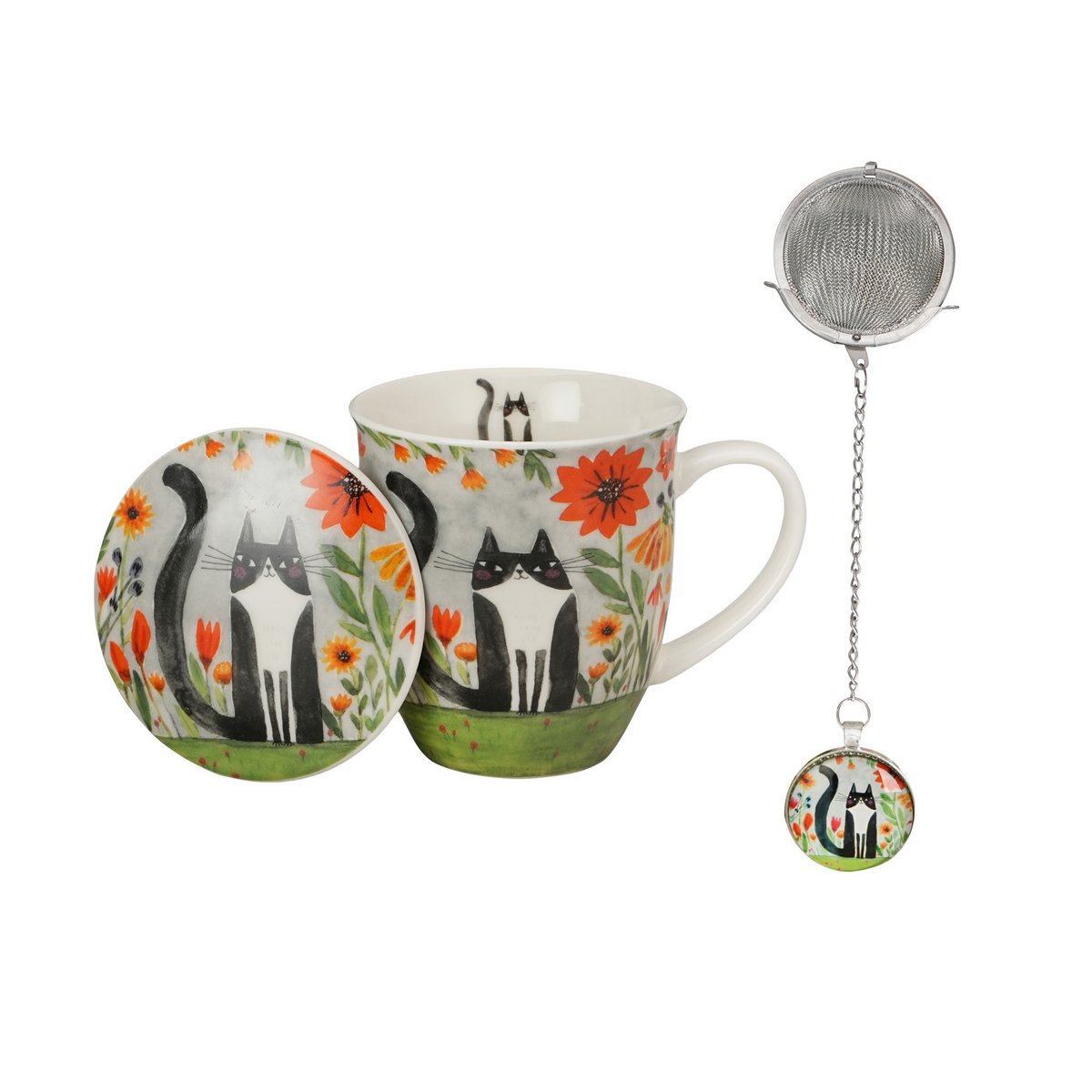 DUO CATS Mug + Infuser with Tag, 400ml, MEADOW, giftbox