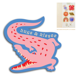  Cut-Out Cards - Hugs and kisses, a set of colorful party cards featuring a playful alligator design with the text "Hugs & Kisses". The cards are made of durable cardstock and come with a variety of fun, festive icons like rainbows, hearts, and flowers.