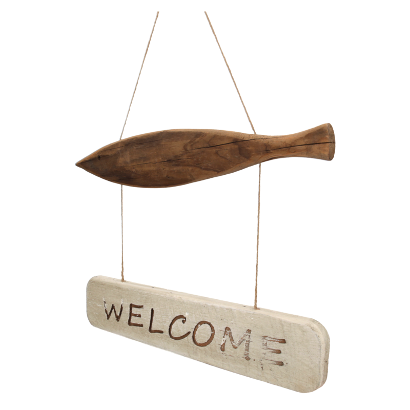 Fischschild „Willkommen“ aus Holz, 40 x 2 x 65 h cm