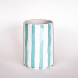  Mint green and white striped cylindrical vase, modern vertical stripe pattern, tall round ceramic vessel.