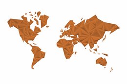 A large, vibrant orange world map with distinct continents and countries. The map has a textured, abstract appearance, giving it a modern, artistic feel.