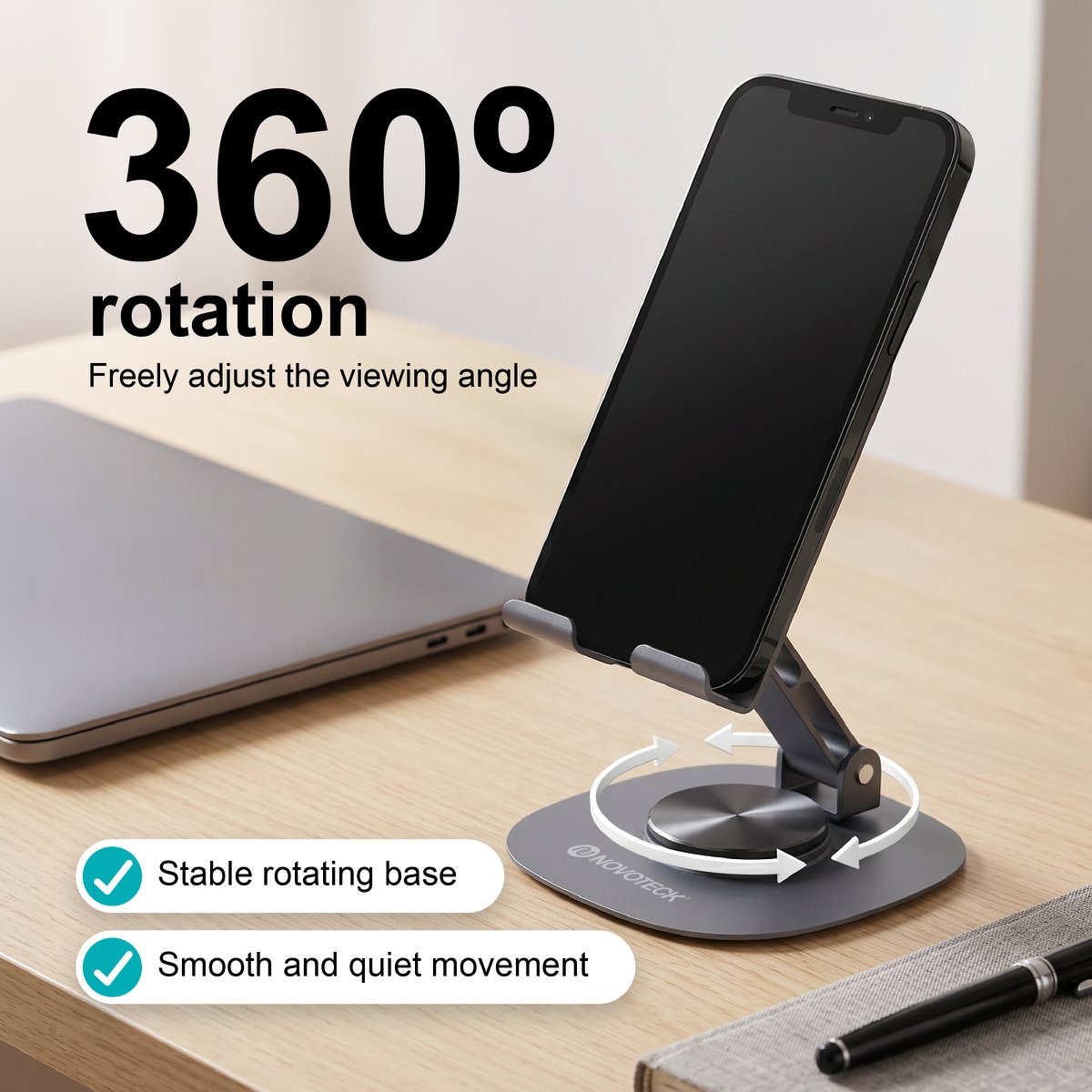 NOVOTECK Z-094 Soporte Giratorio Plegable para Teléfono - Base Metálica con Ángulo Ajustable de 360° para Smartphones y Tabletas