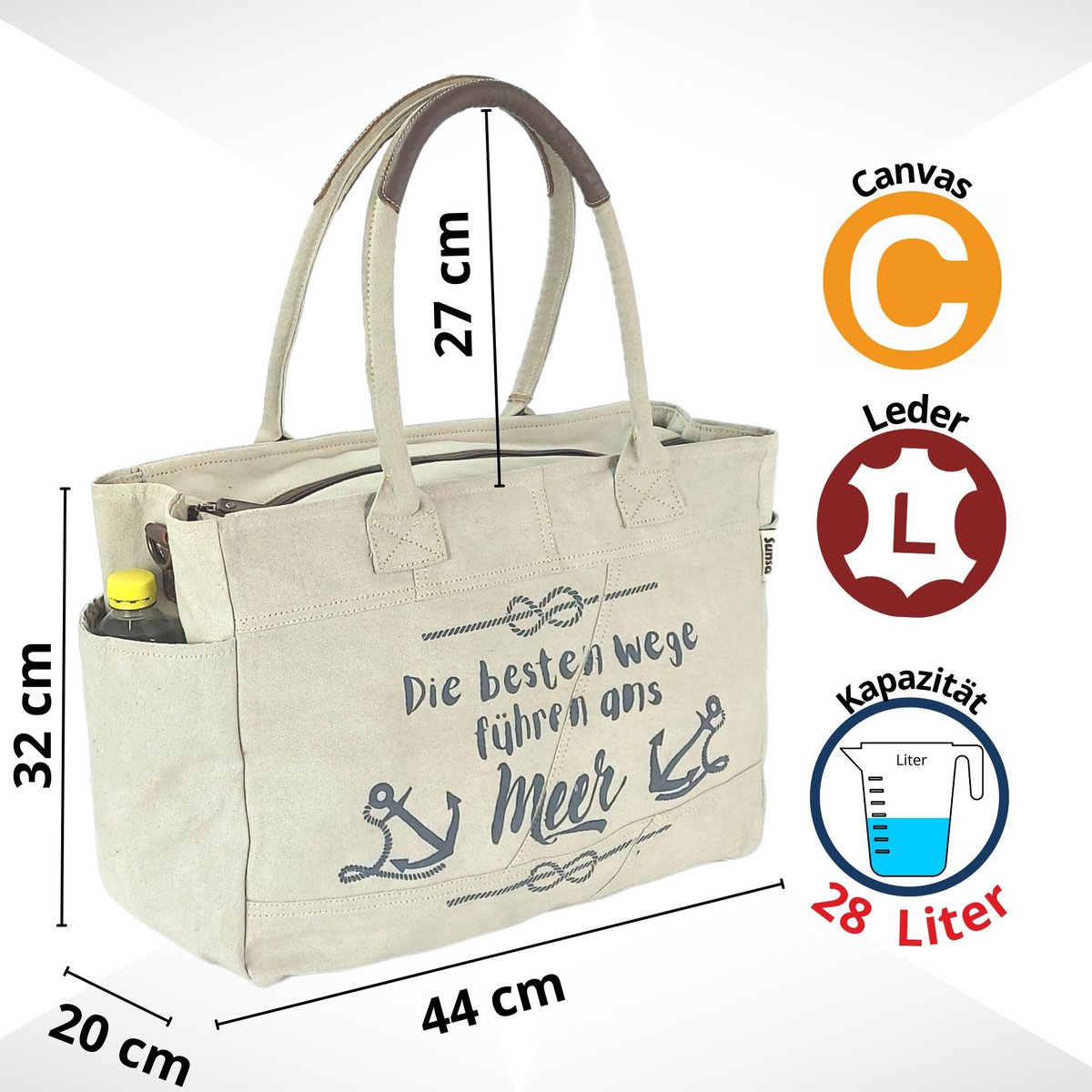 Sunsa grote dameshandtas. XXL tas gemaakt van canvas en leer. Strandtas/weekendtas in maritiem motief.