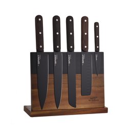 SOSL Bloc de 5 couteaux de cuisines, Set Acier Inoxydable, Titane, avec Bloc en Bois d'Acacia, Couteaux de Chef, Pain,Viande, Poisson, Lame Noire