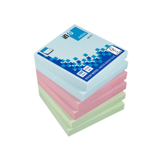 Info-Notizen, 75 x 75 mm, sortierte Pastellpackung mit 6 Blöcken, blau, rosa, grün