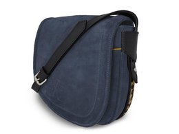 Navy blue nubuck leather handbag with leopard print trim, suitable for everyday use.