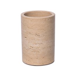 Cylindrical travertine vase or wine cooler, approximately 12 cm in diameter and 18 cm in height, suitable for holding wine bottles or decorative items.