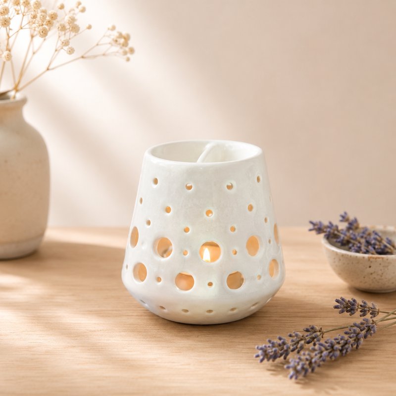 Brûle Parfum – Loob Blanc – Bougeoir Céramique Laquée – Accessoire Diffusion Saine – Cires Parfumées, Huiles Essentielles – Objet Déco
