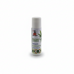 Hemp oil lip balm, moisturizing, natural ingredients, cylindrical tube packaging, green botanical design.