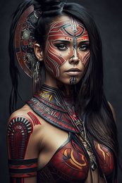Vibrant, tribal-inspired poster featuring a striking portrait of a woman with intricate face paint and body art. Available in multiple sizes.