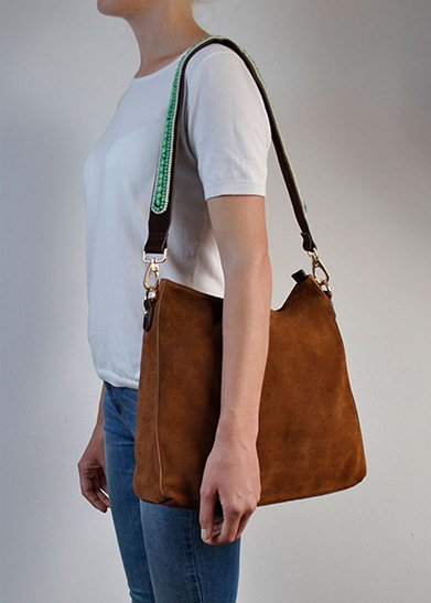 BOHO IBIZA BAG - Mint Ivory Schultergurt (70cm) + Wildledertasche (Cognac)