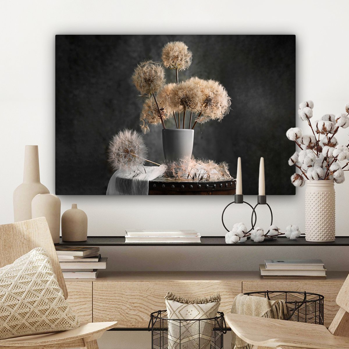 Leinwand Malerei - Wanddekoration - Blumensamen - Löwenzahn - Vase - Stillleben - Bouquet