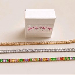 Stainless steel chain bracelets with glass crystals, champagne gold, polychrome, transparent, elegant sparkly jewelry