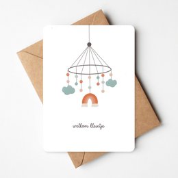 A whimsical baby mobile with pastel-colored clouds and a rainbow-shaped accent, welcoming the arrival of a new little one.