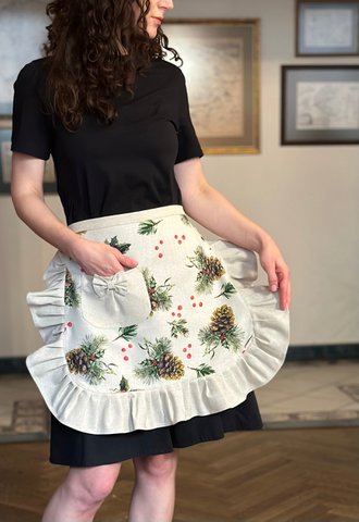 Christmas Ladies Half Apron with beige frill | Golden Pine