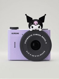 Purple mini camera with Kuromi character, black and white cat design, compact toy camera for kids