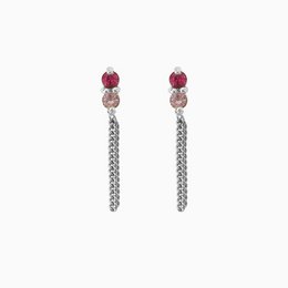 Stud double ruby lilac silver earrings with dangling chains and gemstones.

The product is a pair of stud earrings with a double ruby and lilac gemstone design, set in a silver-toned metal. The earrings feature dangling chains that add a stylish and elegant touch. The combination of the round gemstones and the metallic chains creates a visually appealing and versatile accessory.