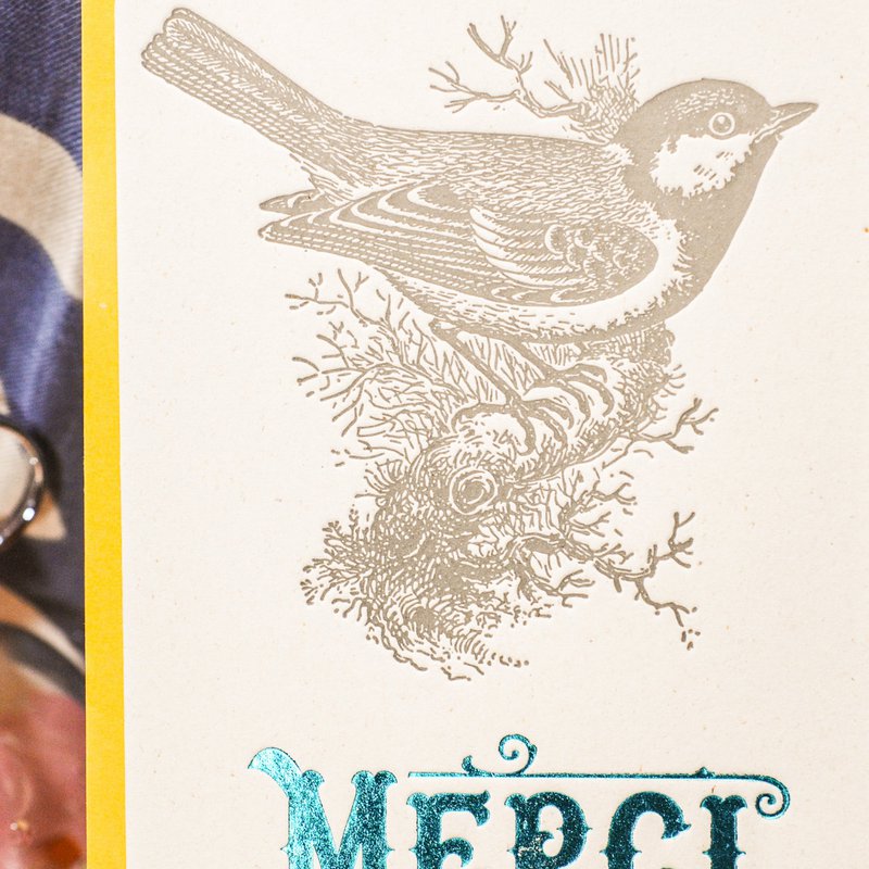 Letterpress Thank You Mésange card, turquoise (with envelope)