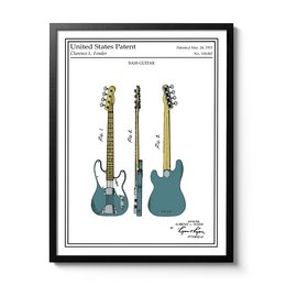  Fender Bass Guitar Color Patent Poster - Vintage patent illustration of three Fender bass guitars in different colors, including a turquoise blue and a light green model. The poster showcases the iconic design and style of these classic musical instruments.